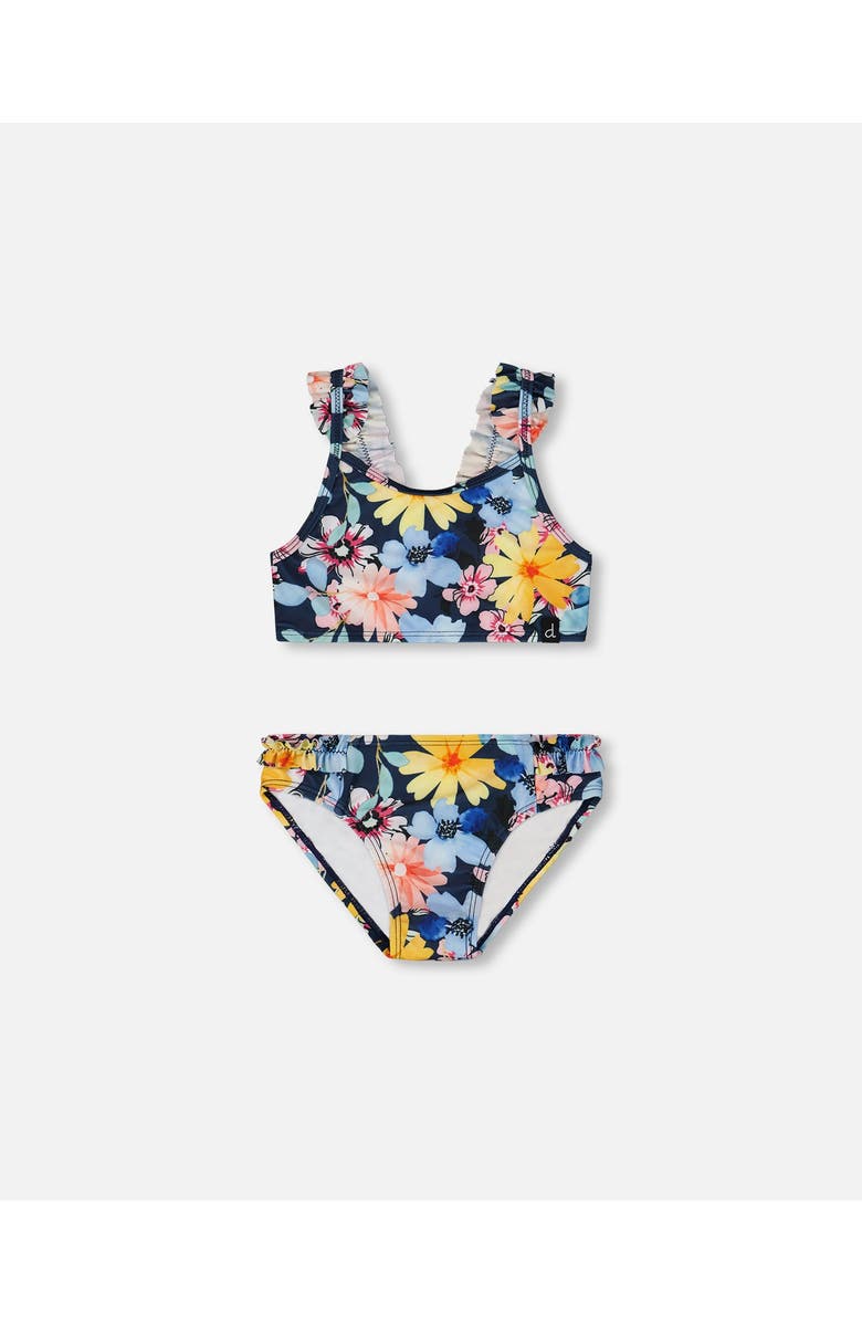 Deux par Deux Little Girl's Printed Two-Piece Swimsuit Navy And Yellow And Pink Flowers, Main, color, 