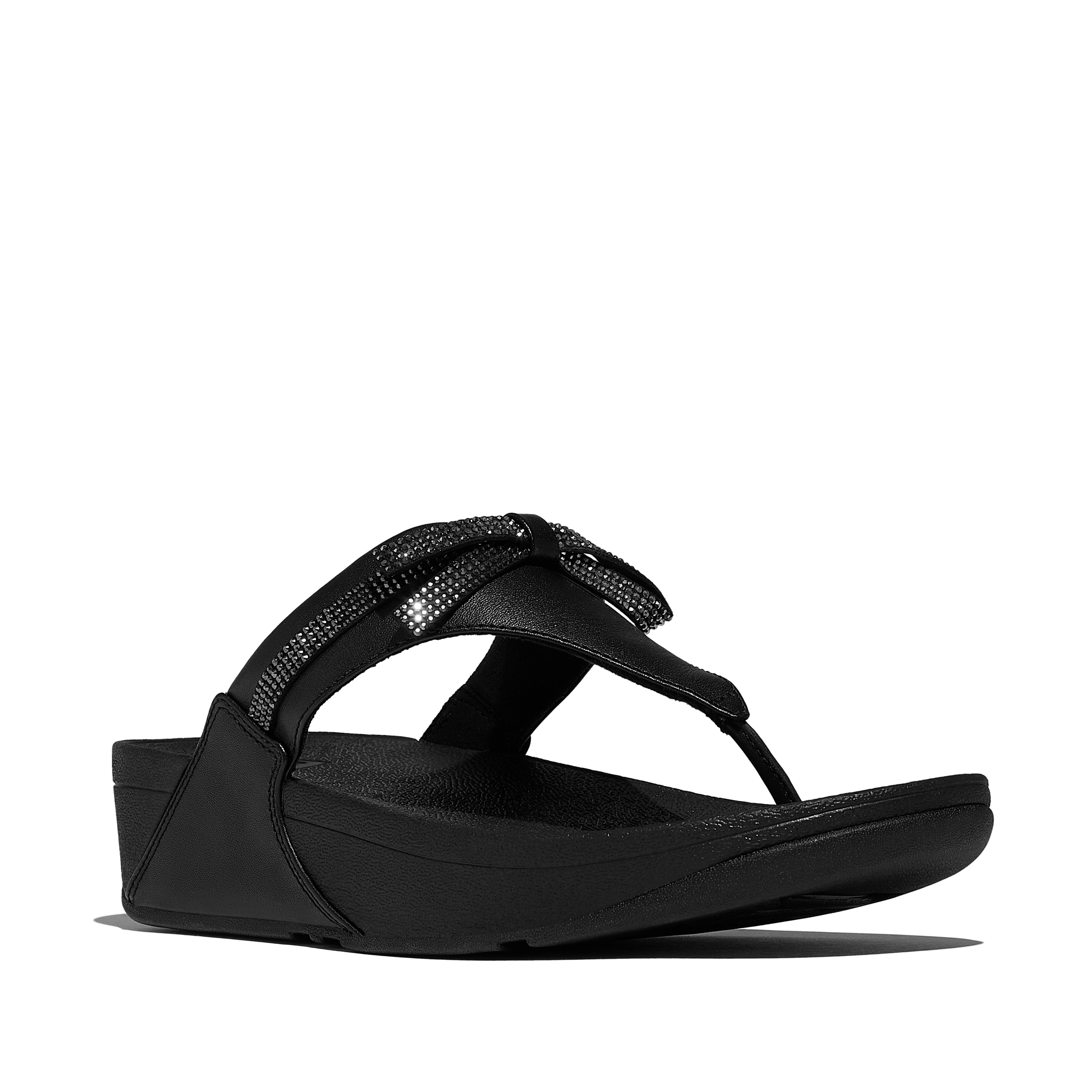 FitFlop Lulu Glitz Bow Leather Toe Post Sandals, Main, color, All Black