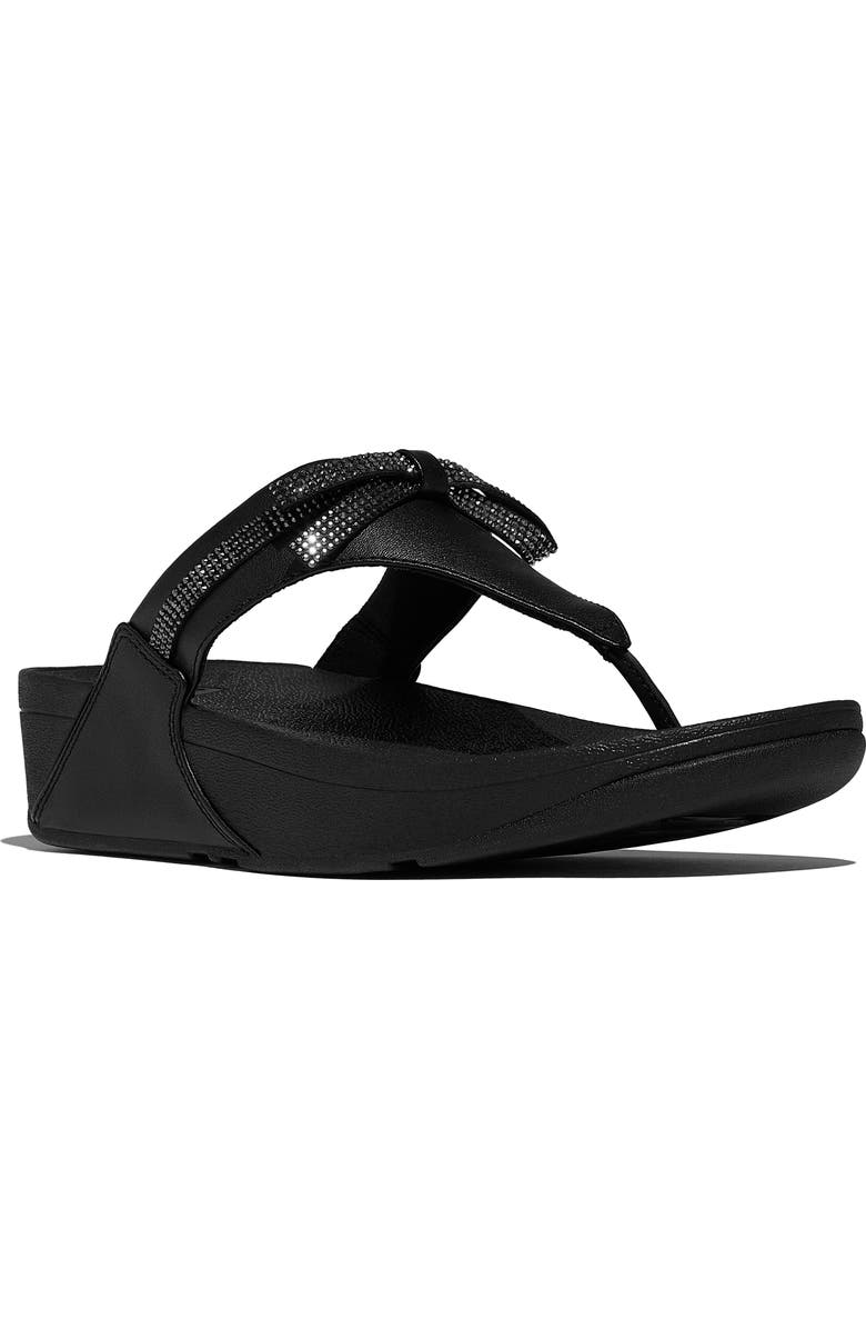 FitFlop Lulu Glitz Bow Leather Toe Post Sandals, Main, color, All Black