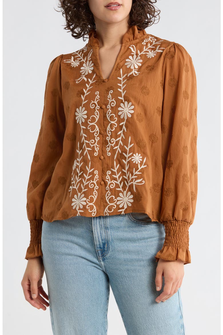 Floral Embroidered Smocked Cuff Top, Main, color, CINNAMON
