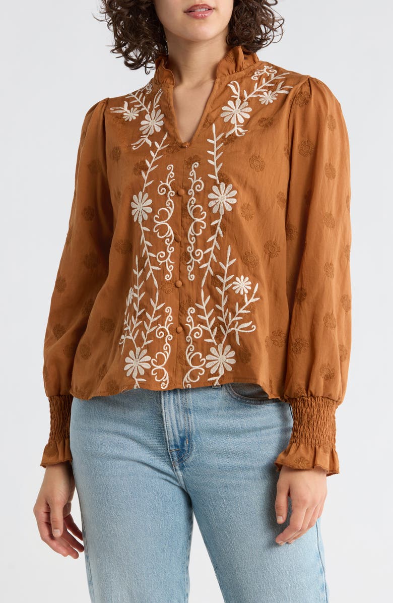 Forgotten Grace Floral Embroidered Smocked Cuff Top, Main, color, Cinnamon