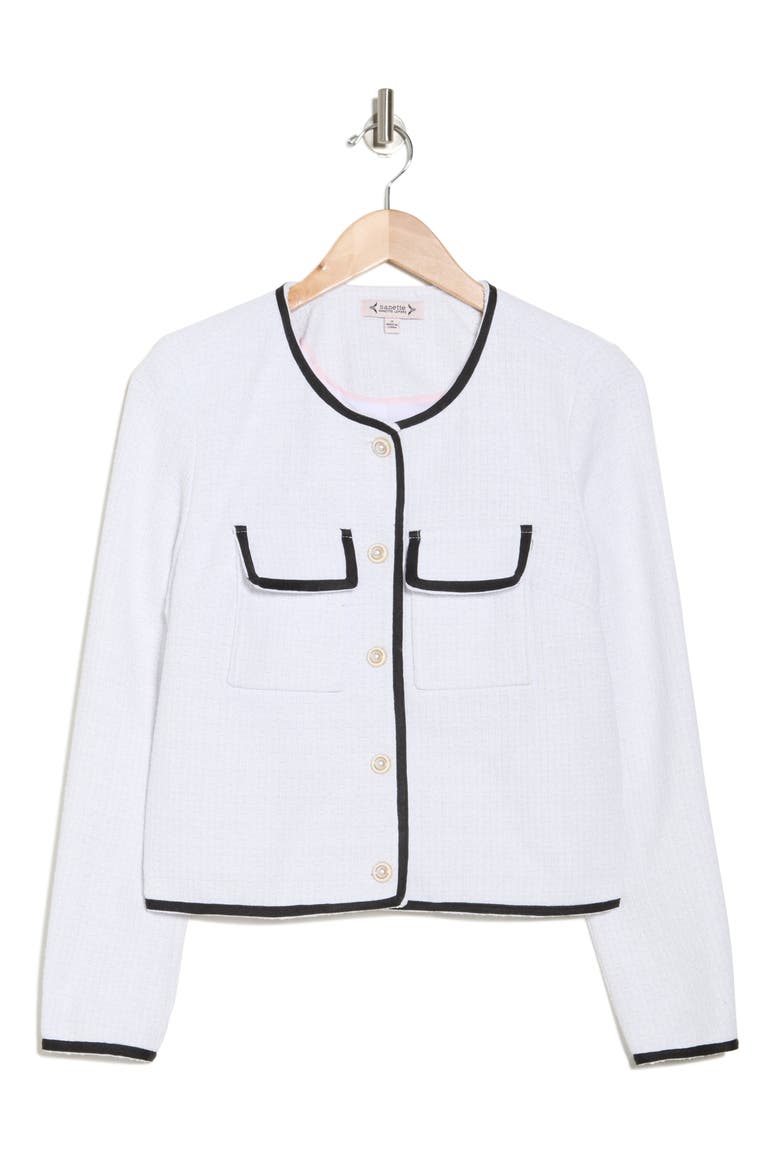 Denim Trim Bouclé Tweed Jacket, Alternate, color, WHITE/ BLACK