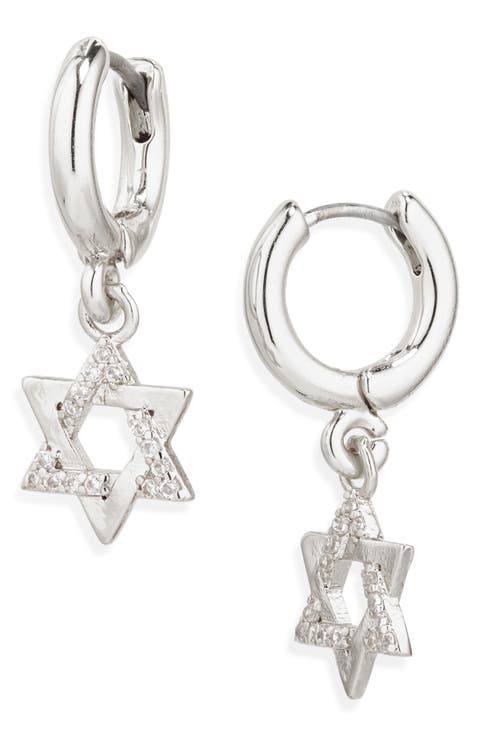 Star of David Cubic Zirconia Drop Huggie Hoop Earrings