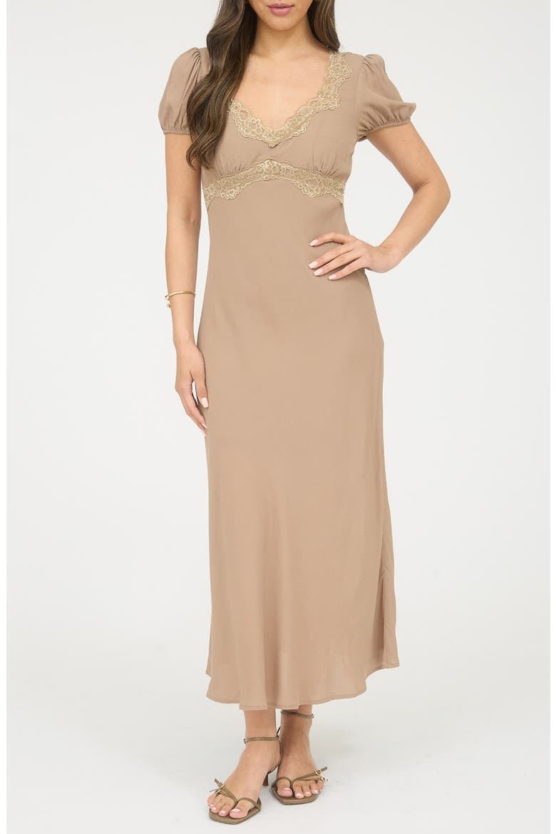 Lace Trim Puff Sleeve Midi Dress, Main, color, TAUPE