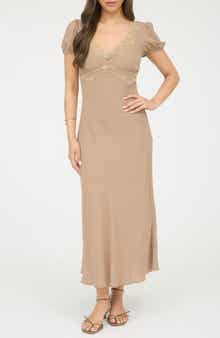 Blu Pepper Lace Trim Puff Sleeve Midi Dress