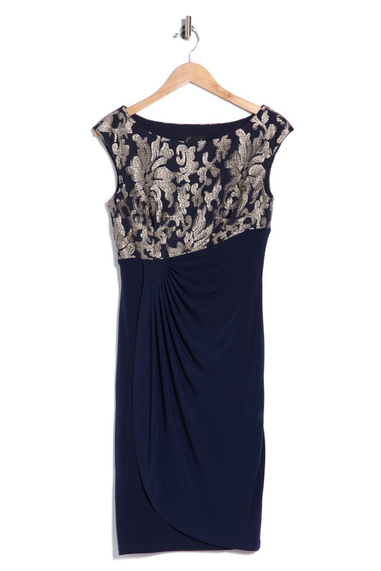 Embroidered Bodice Faux Wrap Sheath Dress, Alternate, color, NAVY