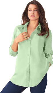 Roaman's Plus Size Kate Long Sleeve Easy Cotton-Blend Button-Front Shirt