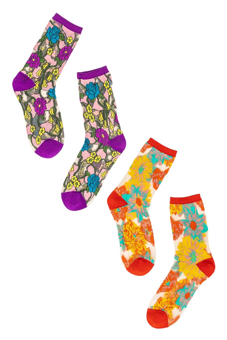 Garden Party Floral Sheer Crew Socks, Main, color, MULTI