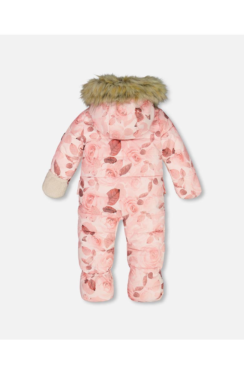 Deux par Deux Baby Girl's One Piece Baby Hooded Snowsuit Printed Roses Designed For Car Seat, Alternate, color, 