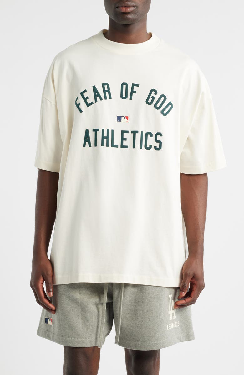 Fear of God Essentials MLB Athletics '90s Fit Cotton Graphic T-Shirt, Main, color, Cream White