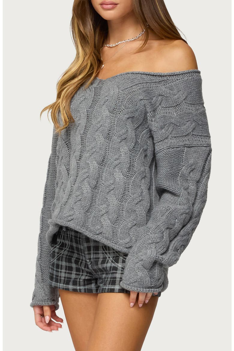 Inga Cable Oversize V-Neck Sweater, Alternate, color, GRAY-MELANGE