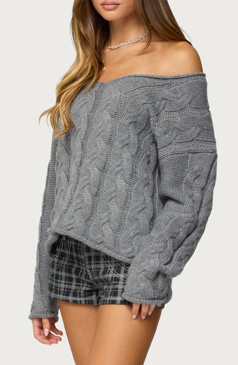 EDIKTED Inga Cable Oversize V-Neck Sweater, Alternate, color, 