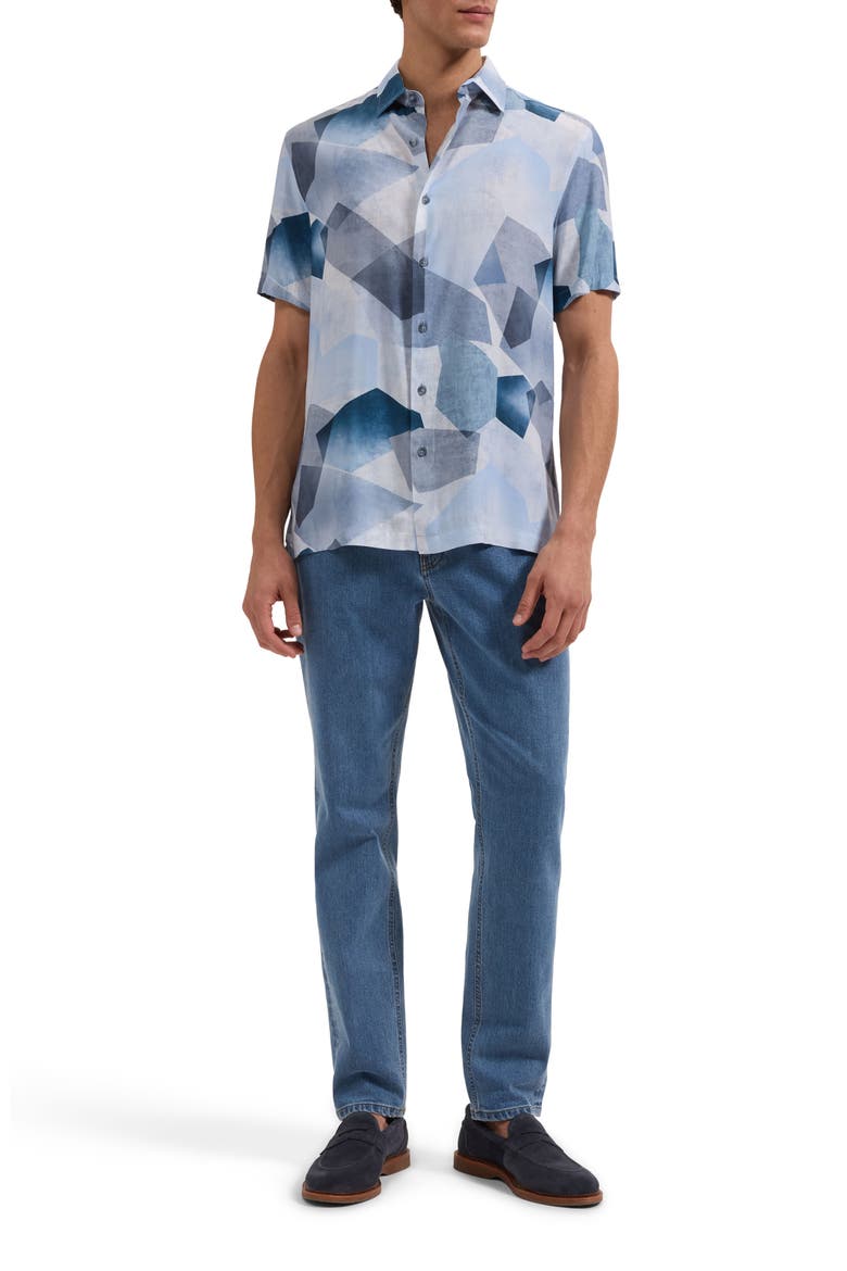 Vero Shaped Fit Abstract Geometric Print Short Sleeve Button-Up Shirt, Alternate, color, HAZY BLUE