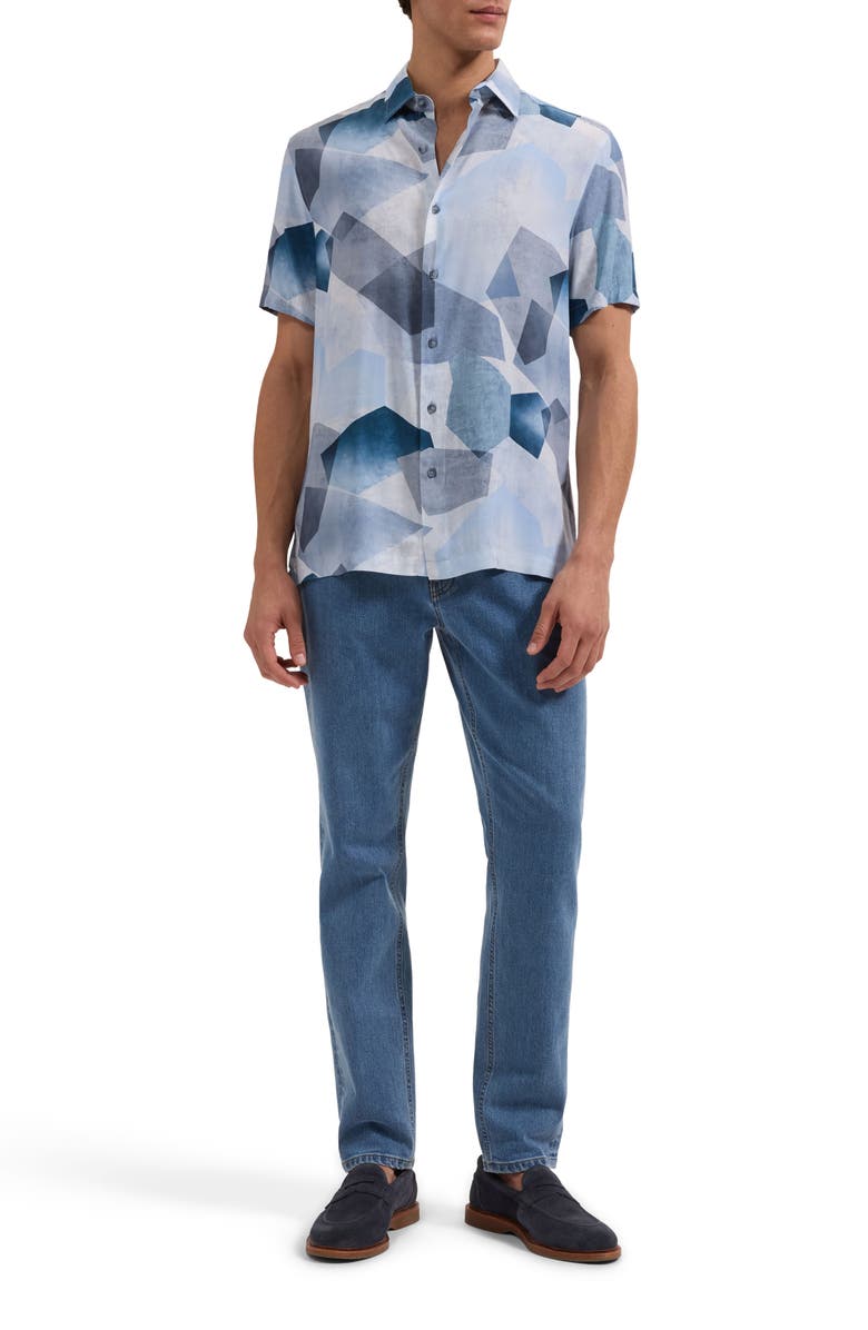Bugatchi Vero Shaped Fit Abstract Geometric Print Short Sleeve Button-Up Shirt, Alternate, color, Hazy Blue