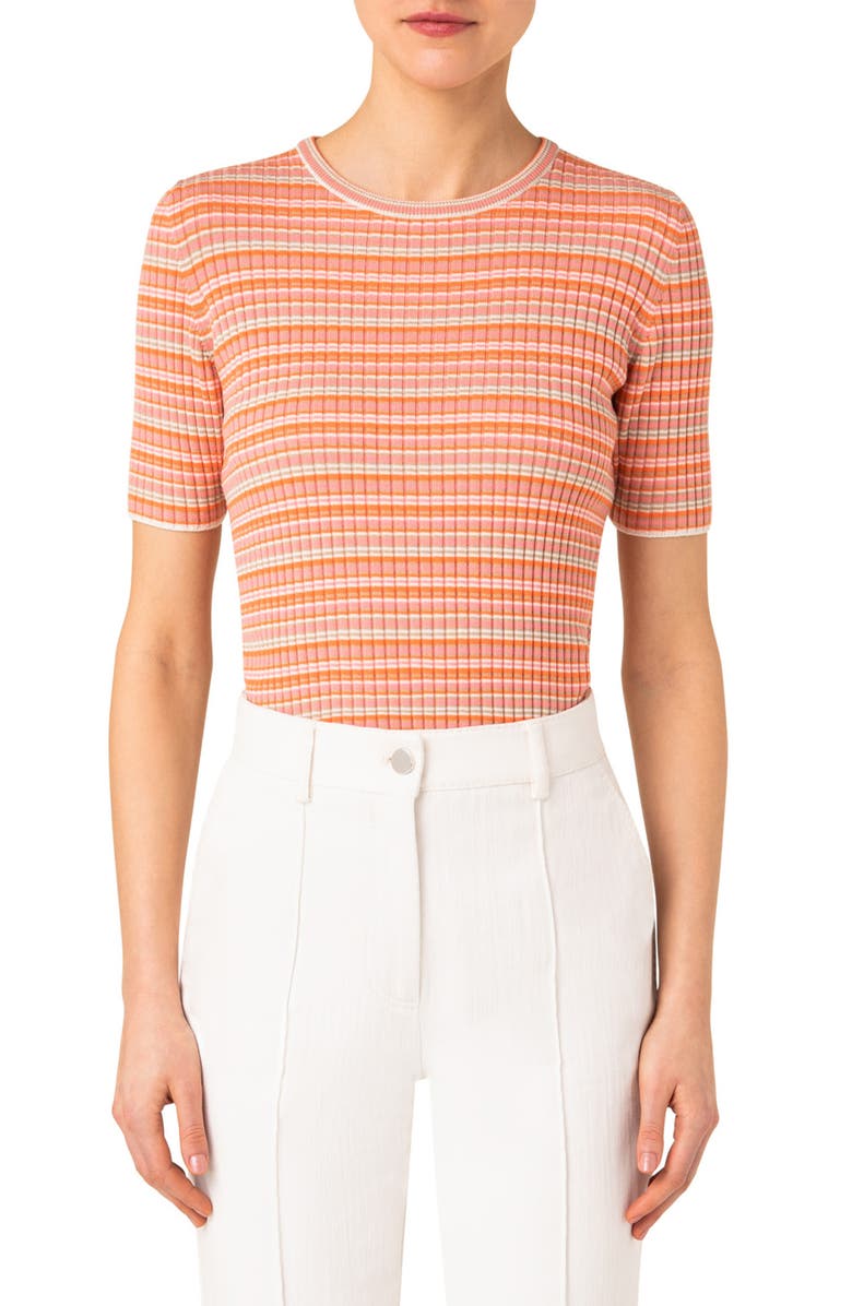 Akris punto Stripe Short Sleeve Rib Virgin Merino Wool Sweater, Alternate, color, 