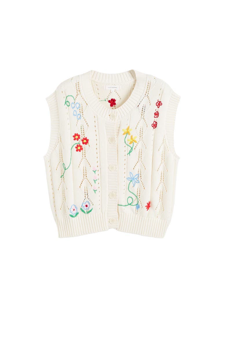 Hand-Embroidered Floral Cotton Tank Top, Alternate, color, Cream