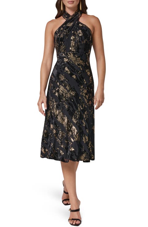 Metallic Foil Velvet Halter Midi Dress