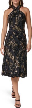 Donna Karan New York Metallic Foil Velvet Halter Midi Dress