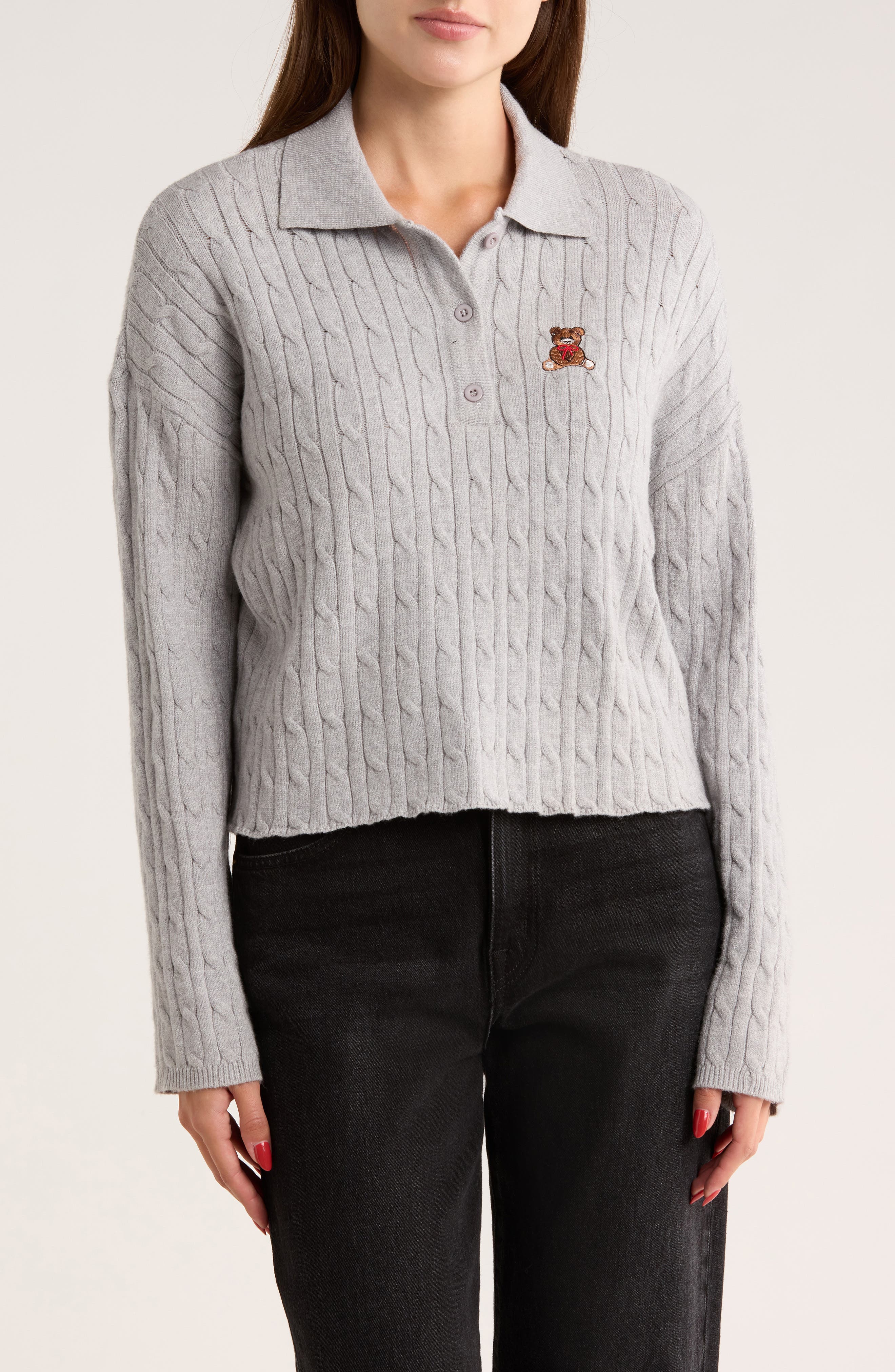 INTERNATIONAL DESIGNER Embroidered Teddy Polo Sweater