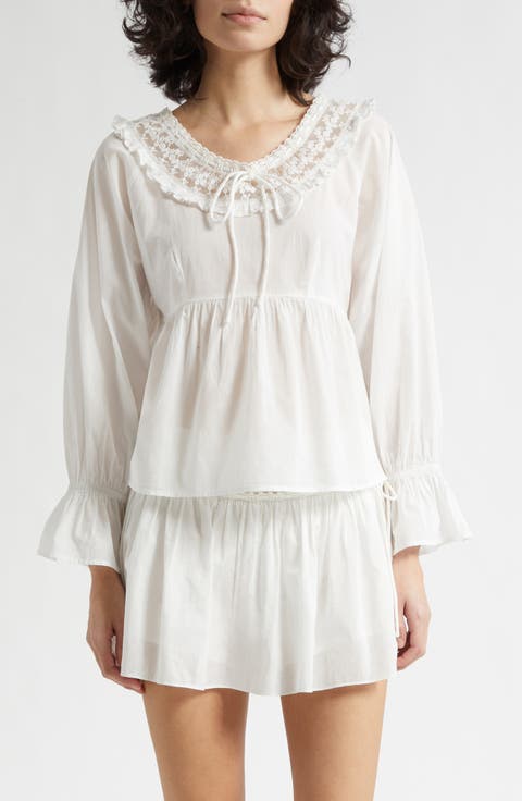 Danielle Floral Embroidered Lace Trim Babydoll Top