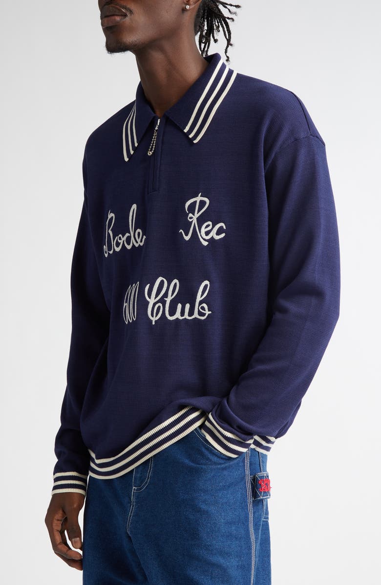 Bode Club Tipped Embroidered Polo Sweater, Alternate, color, Navy