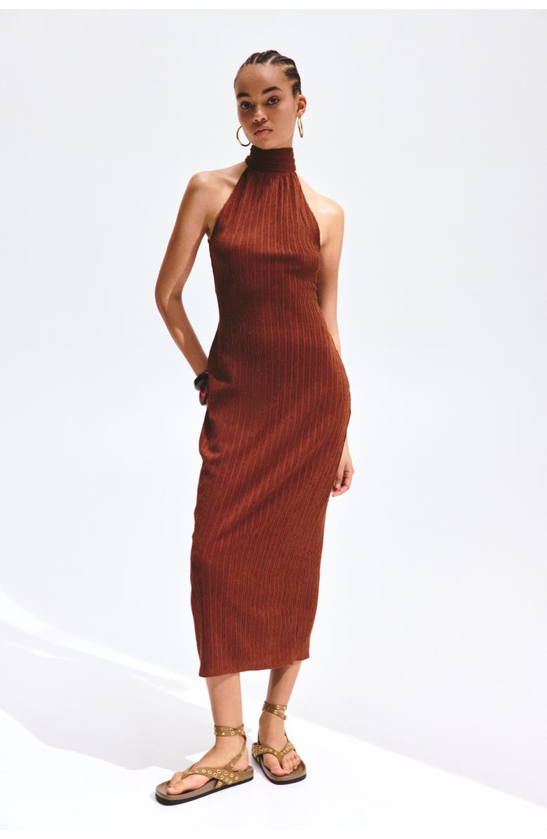 H&M Crinkled Sleeveless Dress, Alternate, color, Rust Brown