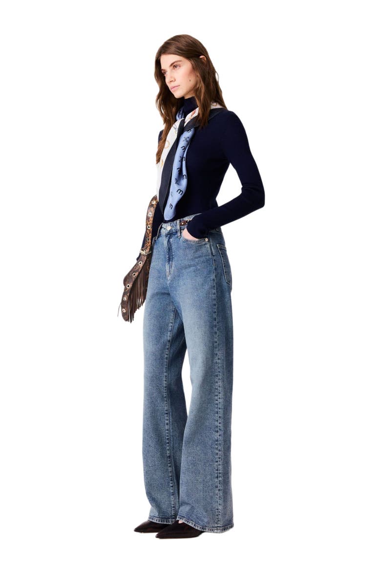 Wide-leg leather buckle jeans, Alternate, color, Blue