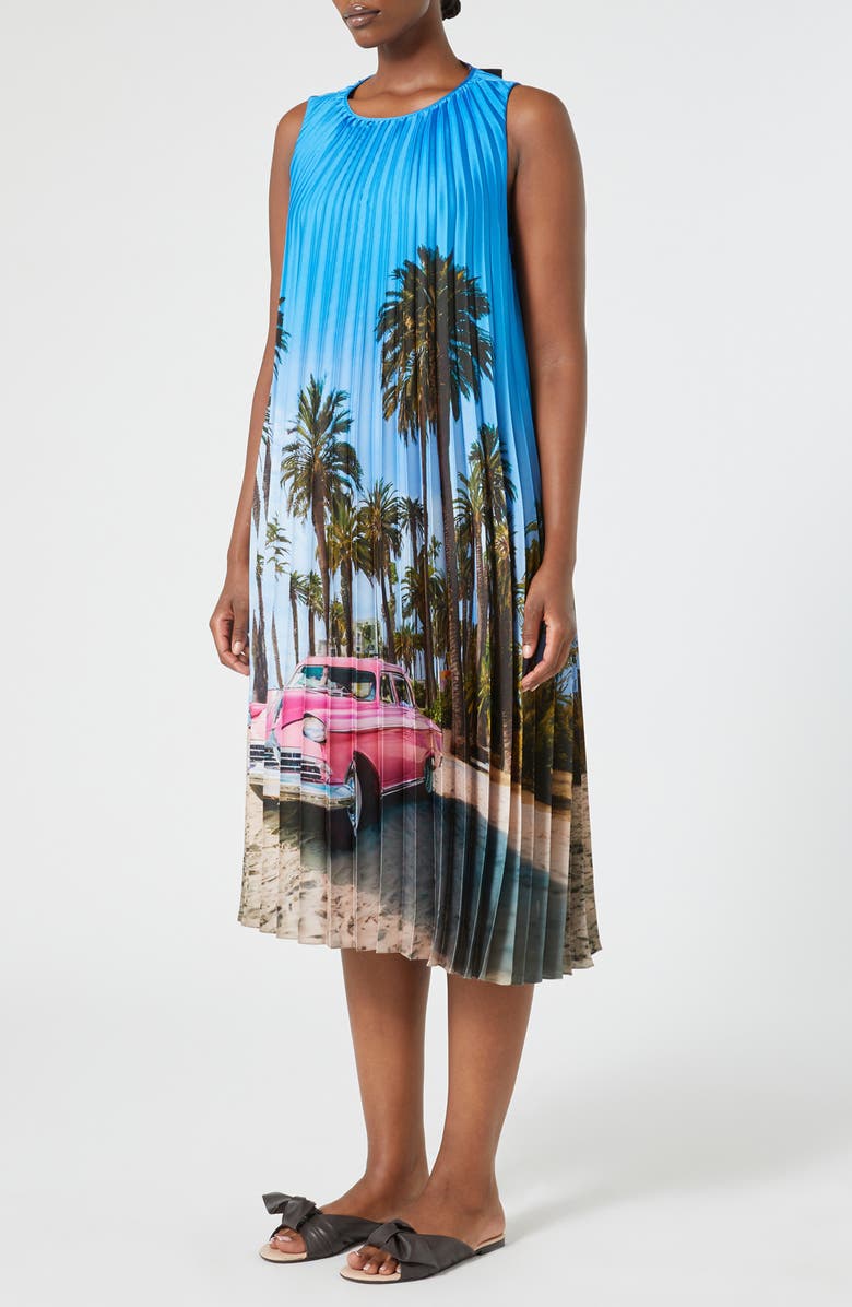 Marina Rinaldi Madera Print Pleated Sleeveless Midi Dress, Main, color, Sky Blue