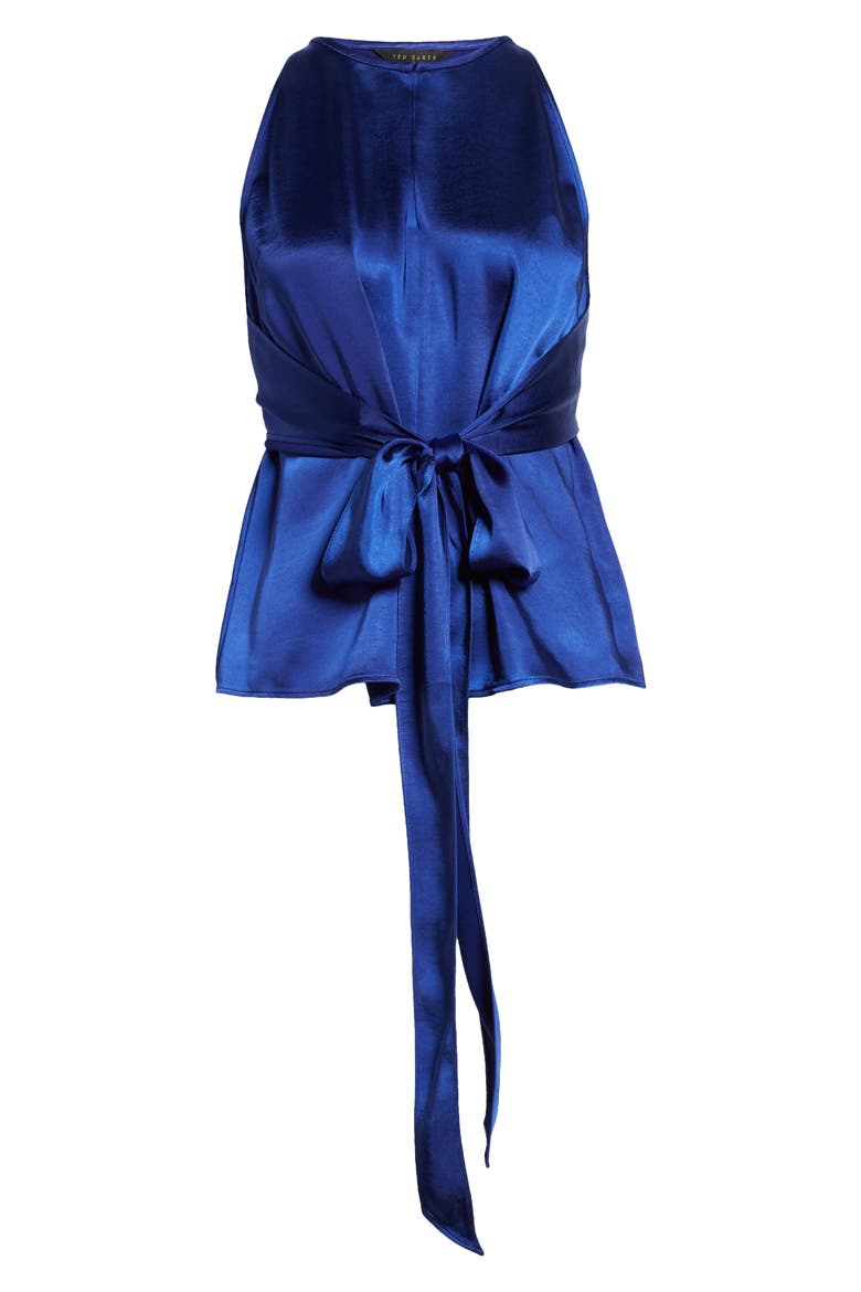 Sleeveless Tie Waist Satin Top, Alternate, color, DARK BLUE