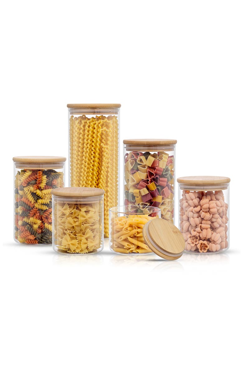 Set of 6 Multisize Glass Jars with Airtight Bamboo Lids, Alternate, color, CLEAR