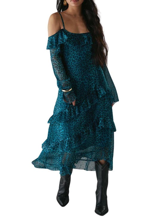 Warehouse Ruffle Cold Shoulder Midi Dress In Green