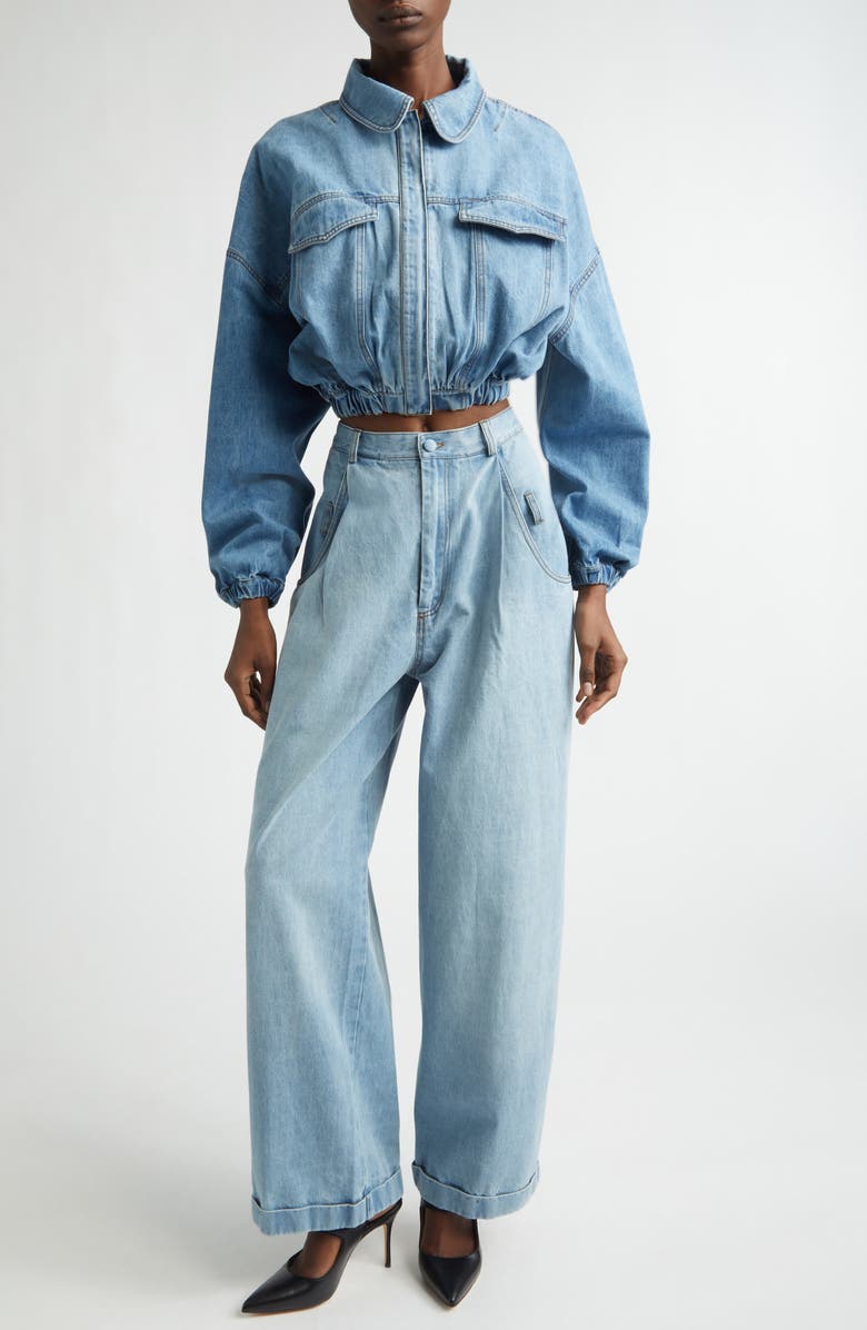 renaissance renaissance Baby Bubble Hem Denim Bomber Jacket, Alternate, color, Blue