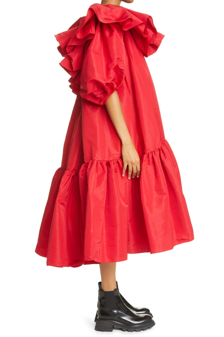 Alexander McQueen Ruffle Puff Sleeve Drop Waist Midi Dress, Alternate, color, WELSH RED