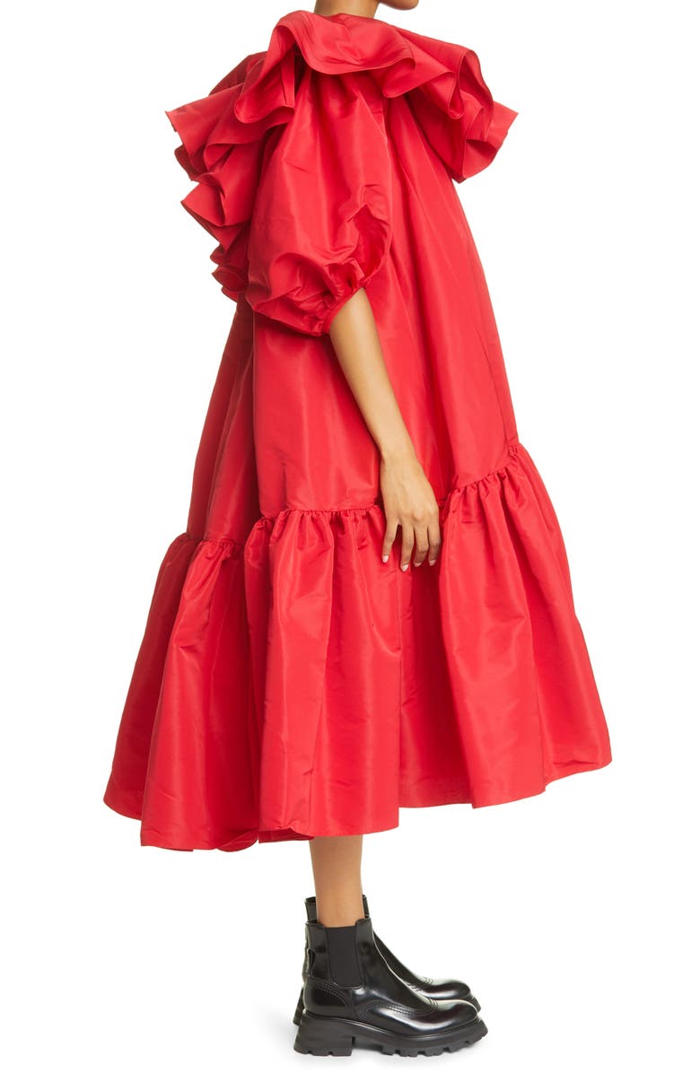 McQueen Alexander McQueen Ruffle Puff Sleeve Drop Waist Midi Dress, Alternate, color,