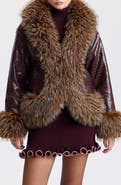 Avec Les Filles Croc Embossed Faux Leather Coat with Faux Fur Trim