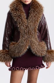 Avec Les Filles Croc Embossed Faux Leather Coat with Faux Fur Trim