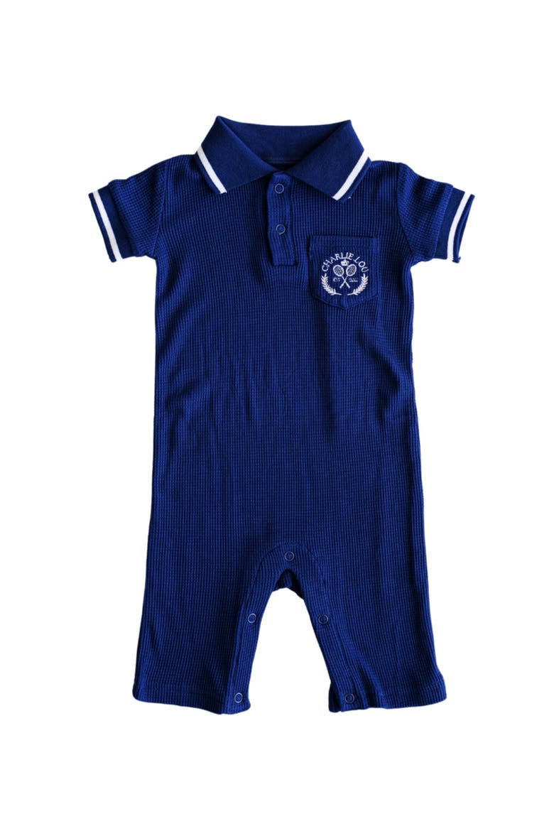 Waffle Polo Romper, Main, color, Navy Blue