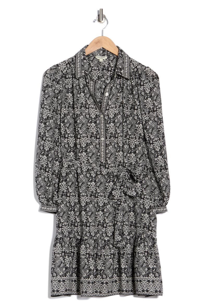 Long Sleeve Button Front Crepe Dress, Alternate, color, BLACK/ IVORY CARA FOLK FLOWER