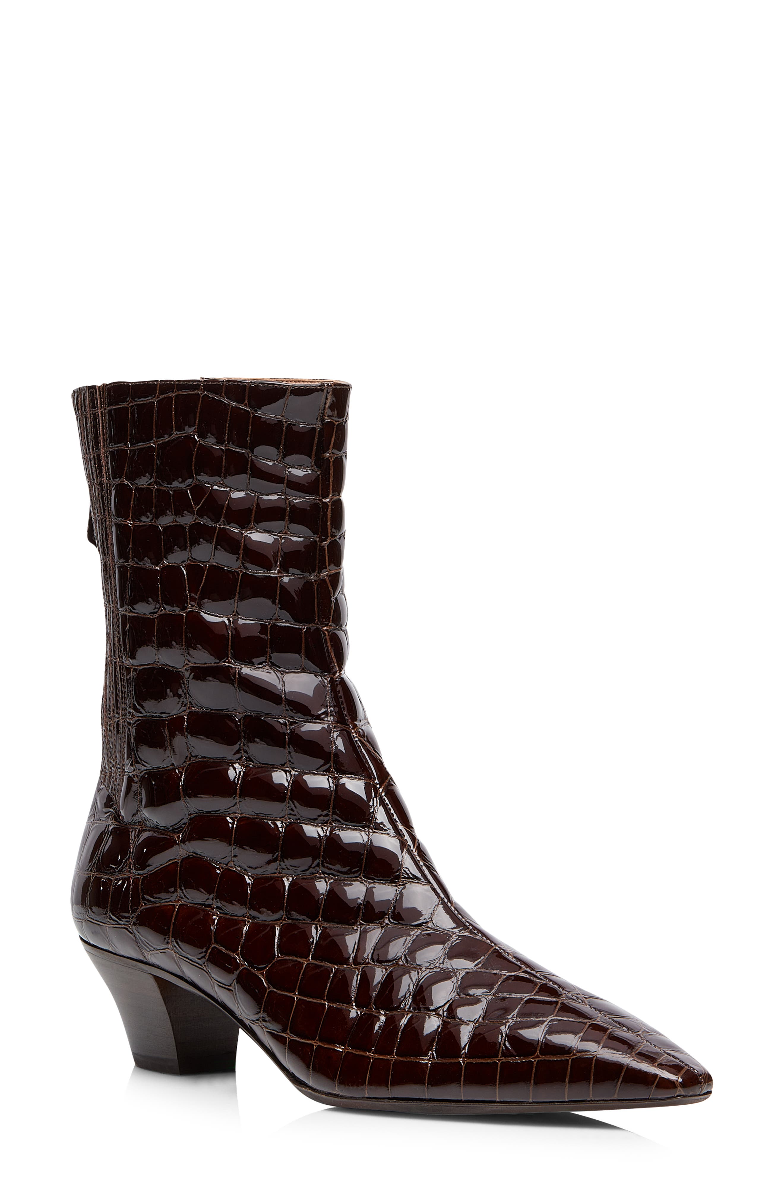 Aquazzura Tres St. Honore Croc Embossed Genuine Kangaroo Leather Bootie, Main, color, 