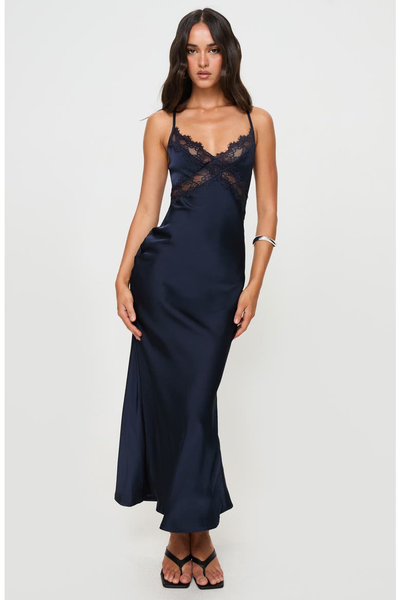 Treasure Lace Inset Bias Cut Satin Slipdress, Alternate, color, NAVY