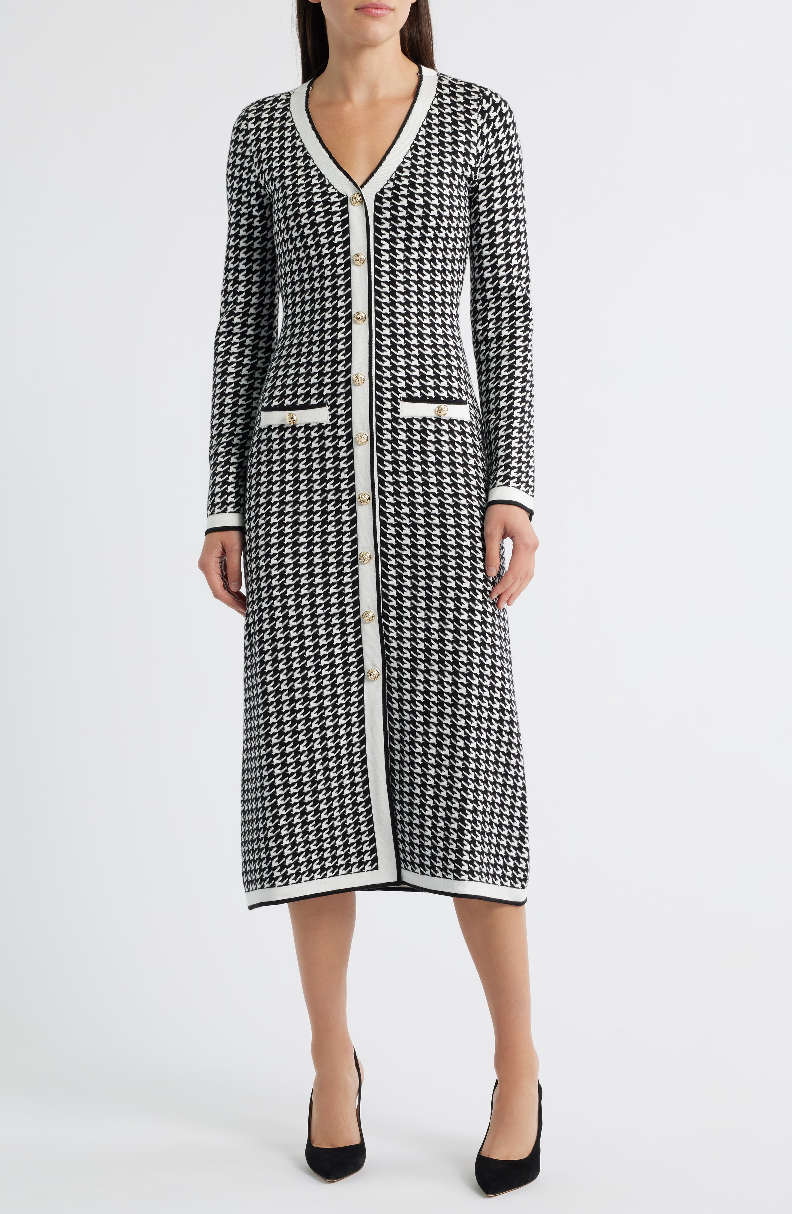 ZOE AND CLAIRE Houndstooth Long Sleeve Sweater Dress