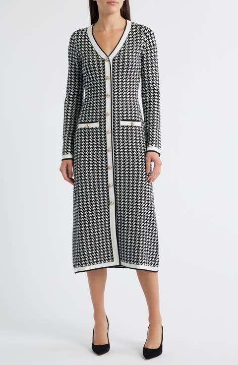 Houndstooth Long Sleeve Sweater Dress