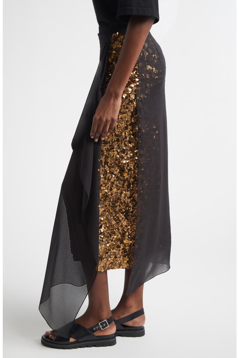 Sequin Embellished & Silk Georgette Veiled Wool Crepe Skirt, Alternate, color, BLACK 001