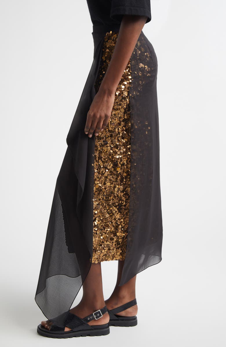 Michael Kors Collection Sequin Embellished & Silk Georgette Veiled Wool Crepe Skirt, Alternate, color, Black 001