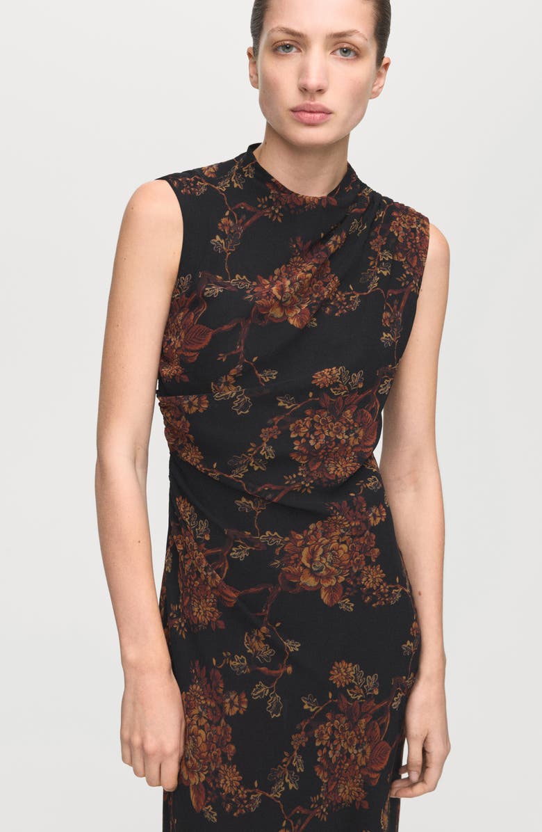 MANGO Floral Shirred Dress, Alternate, color, Black