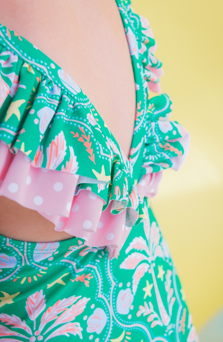 RuffleButts Kids' Coconut Cabana Bow V-Back UPF 50+ One-Piece Swimsuit, Alternate, color, Green