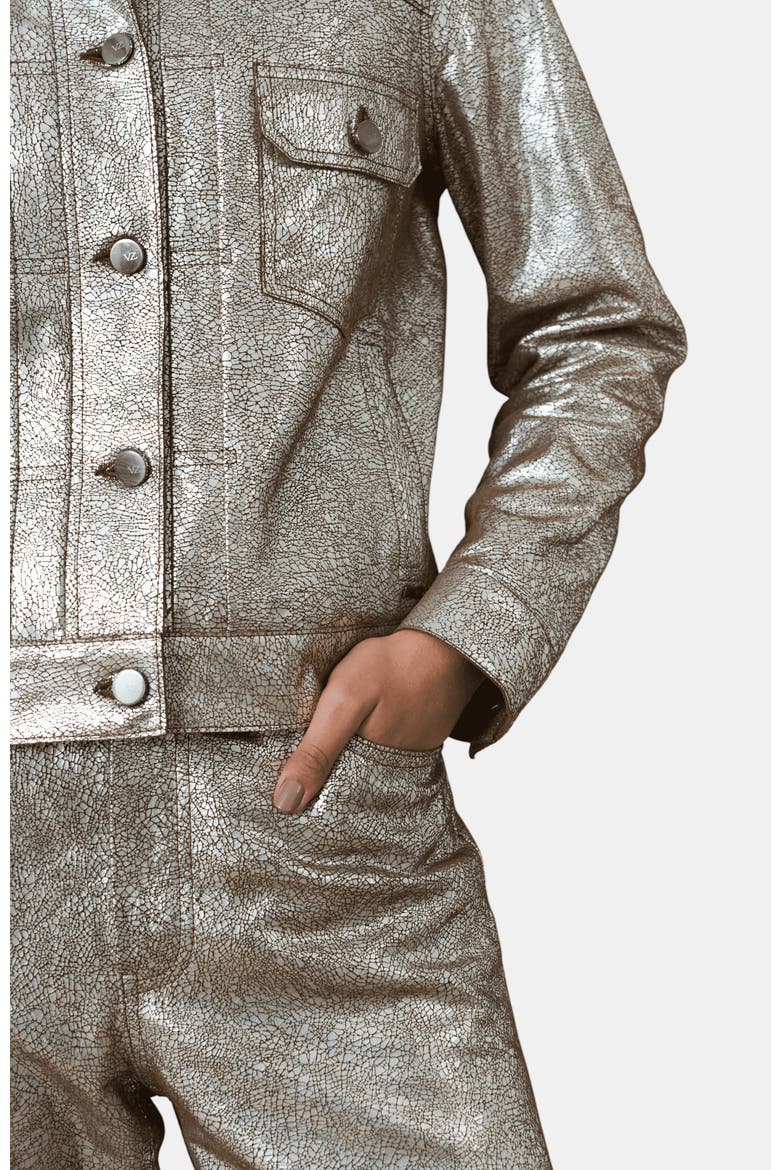 Glass Suede Leather Trucker Jacket, Alternate, color, Silver