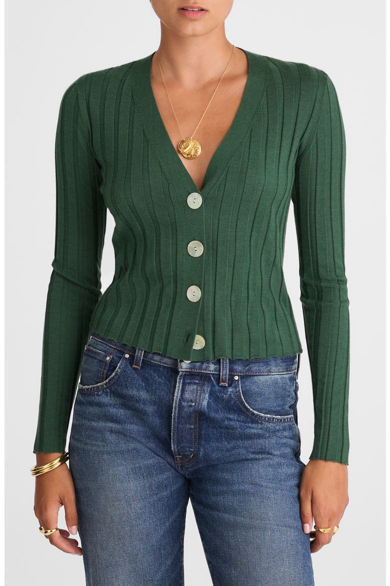 Rib V-Neck Merino Wool & Silk Cardigan, Main, color, BOTANICAL GREEN