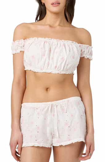 Embroidered Eyelet Off the Shoulder Crop Top