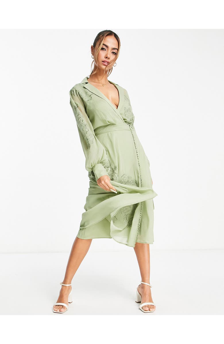 ASOS DESIGN Floral Embroidered Long Sleeve Faux Wrap Midi Dress, Alternate, color, 